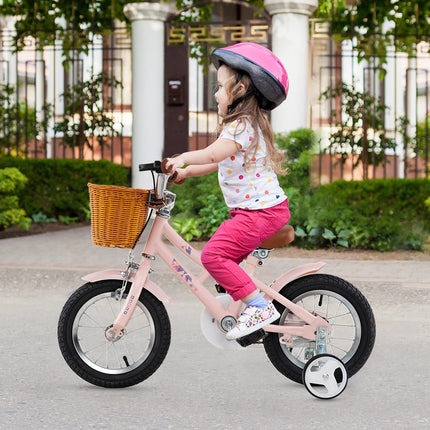 BABY JOY Retro Kids Bike, 12 Inch Child Bike w/Rattan Basket, 95% Pre-Assembled Kids Bicycle for Girls