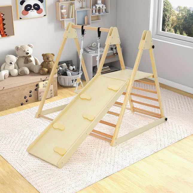 Costzon Indoor Jungle Gym, 5-in-1 Foldable Montessori Climbing Toys for Toddlers w/Double-Sided Slide, Indoor Wooden Playground Climber Playset