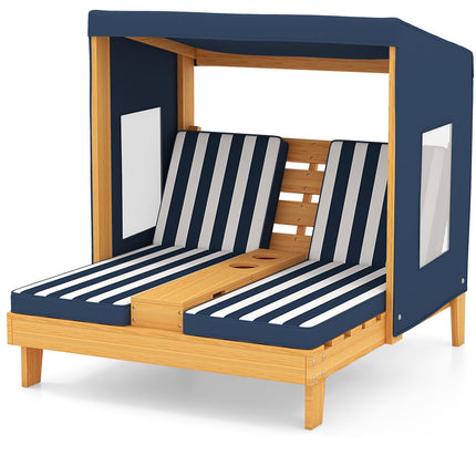 Costzon Kids Lounge Chair Outdoor, Wood Double Seat Chaise Lounge with Canopy