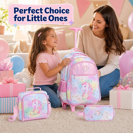 Baby Joy 3 Pieces Rolling Backpack for Kids | Wheeled Backpack with Lunch Box and Pencil Case