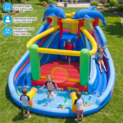 BOUNTECH Inflatable Water Slide | Dolphin Style 6 in 1 Bouncy Castle with Dual Slides