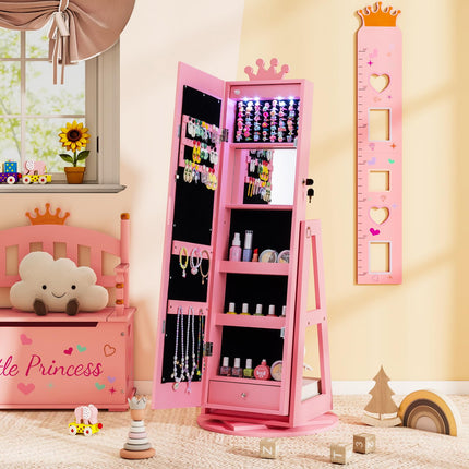 Costzon Kids Jewelry Armoire with LED Lights Lockable Standing Jewelry Organizer