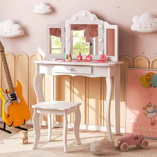 Costzon Kids Vanity Table and Chair Set, Girls Vanity Set with Mirror and Stool, Storage Drawer, Wooden Princess Makeup Dressing Table