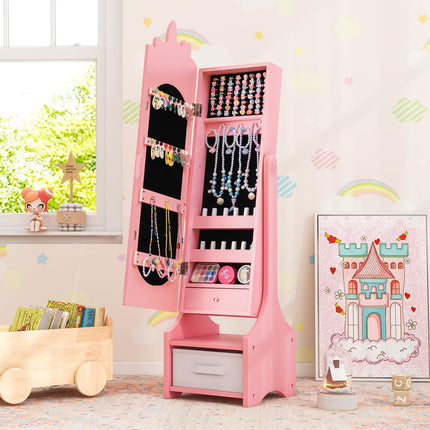 Costzon Kids Jewelry Armoire, 45.5" Standing Jewelry Cabinet with Full-Length Mirror