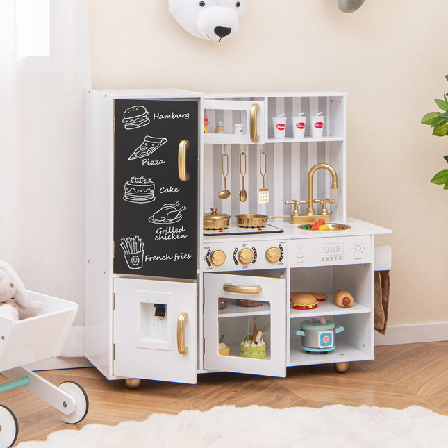 Costzon Play Kitchen for Kids, Wooden Toy Kitchen Set with Stoves, Microwave