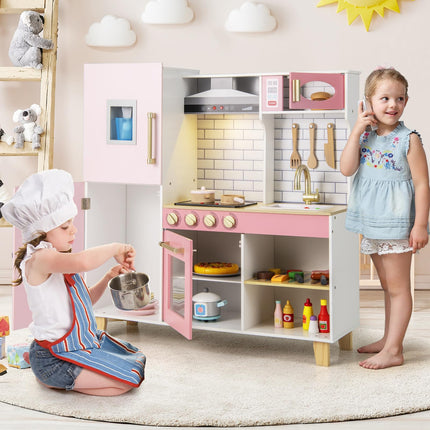 Costzon Kids Kitchen Playset, Wooden Pretend Play Kitchen with BBQ Grill