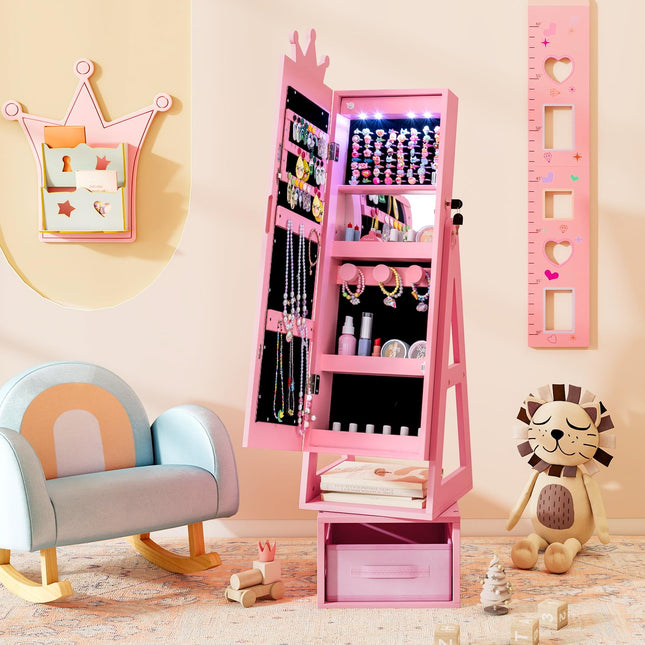 Costzon LED Kids 360° Swivel Jewelry Cabinet with Full Length Mirror