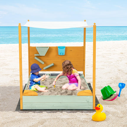 Costzon Kids Sandbox with Sand Wall, Wooden Sandpit w/Removable Canopy, Water Bucket