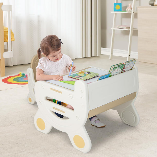 Costzon Kids Table and Chair Set, Plastic Activity Table with Watercolor Pens, Blackboard Eraser & Storage Shelf