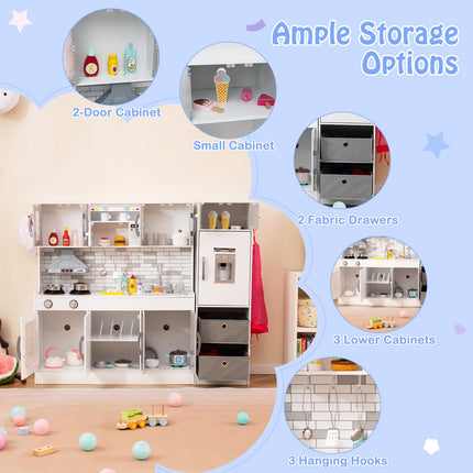 Costzon 2-Piece Kids Kitchen Playset, Wooden Play Kitchen with Water Circulation, Lights and Sounds