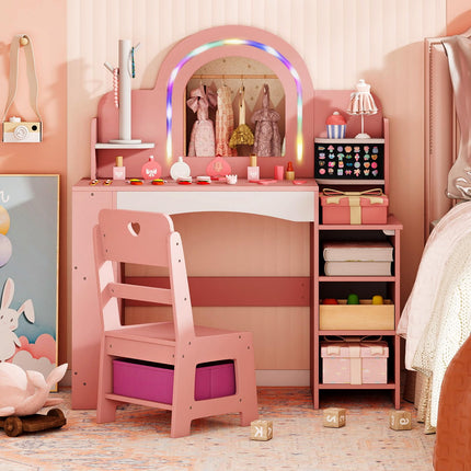 Costzon Wooden Kids Vanity Table and Chair Set with Lighted Mirror Bookshelf Jewelry Storage