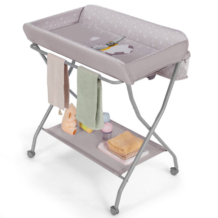 Costzon Portable Changing Table, Mobile Baby Changing Table with Wheels, Safety Belt, Large Storage Basket