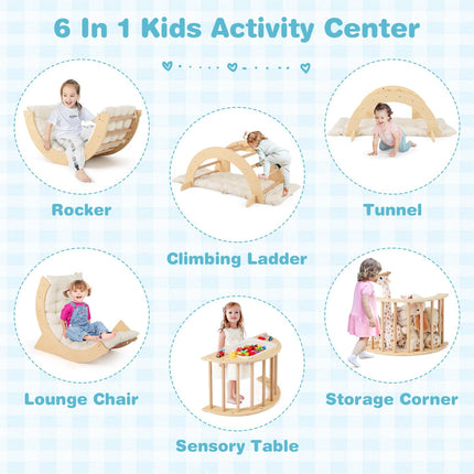 Costzon Kids Wooden Arch Rocker with Cushion, 6-in-1 Montessori Climbing Toys for Toddlers, Indoor Sensory Table