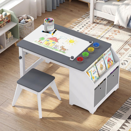 Costzon Wooden Kids Art Table and Chairs w/Paper Roll 4 Paint Cups Storage Shelves