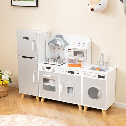 Costzon 3-Piece Play Kitchen for Kids, Wooden Toy Kitchen Set with Refrigerator