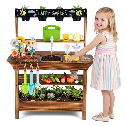 Costzon Outdoor Mud Kitchen for Kids | Toddler Wooden Potting Bench w/Water Faucet