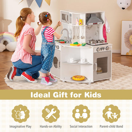Costzon Corner Play Kitchen, Wooden Kids Kitchen Playset with Water Circulation, Real Lights & Sounds