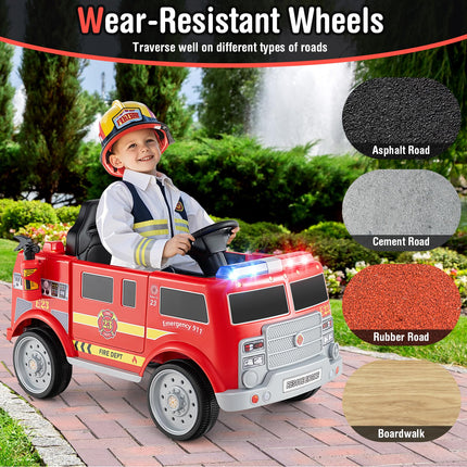 Costzon Kids Ride on Fire Truck, 12V Battery Powered Fire Car w/Remote Control, Extinguisher