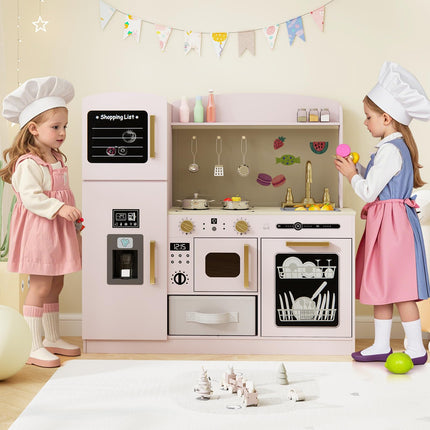 Costzon Kids Kitchen Playset, Wooden Pretend Play Kitchen with Lights and Sounds, Microwave