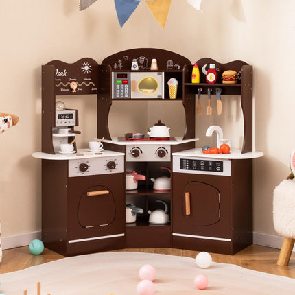 Costzon Corner Play Kitchen, Wooden Kids Kitchen Playset with Lights & Sound