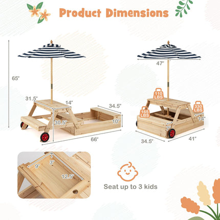 Costzon 3-in-1 Sandbox with Lid Wooden Sand Pit Foldable Picnic Sensory Table