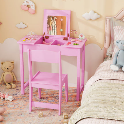 Costzon Kids Vanity, 2 in 1 Girls Vanity Set with Flip Top Mirror, Hidden Storage Space