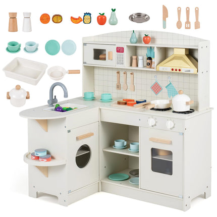 Costzon Wooden Play Kitchen for Kids w/Lights & Sounds | Interactive Pretend Kids Kitchen Playset