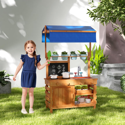 Costzon Mud Kitchen, Fir Wood Kids Kitchen Playset with Adjustable Canopy