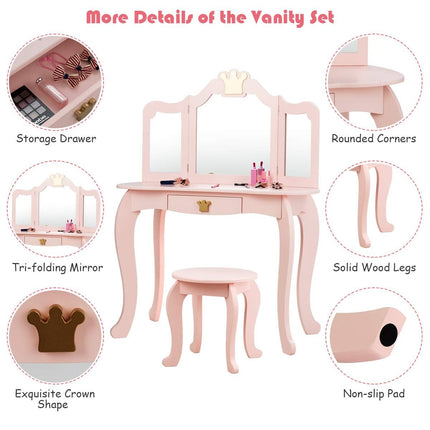 Costzon Kids Vanity & Jewelry Armoire Cabinet, Kids Makeup Vanity Table and Chair Set