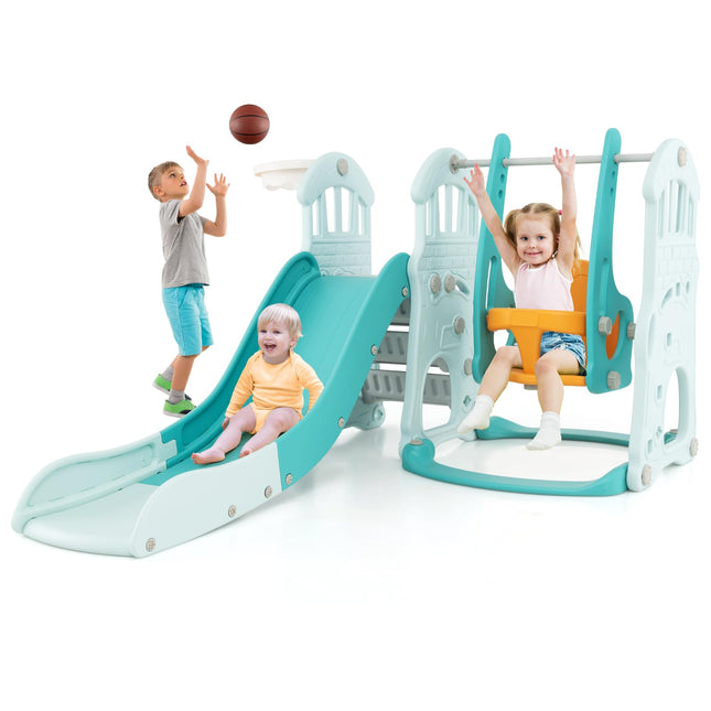 Costzon 4 in 1 Toddler Slide and Swing Set, Castle Indoor Outdoor Baby Swing with Slide