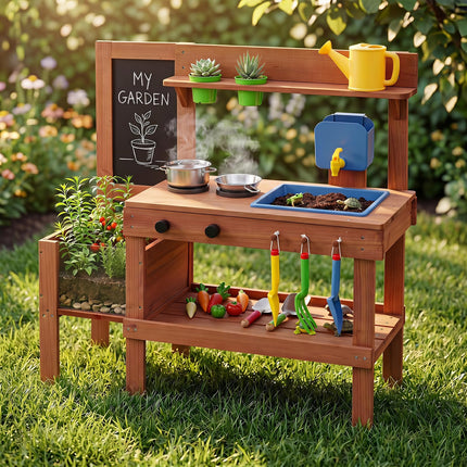 Costzon Mud Kitchen | Solid Wood Toddler Role Play Toy w/Planter Box