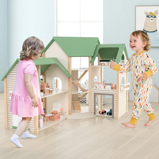 Costzon Wooden Dollhouse for Kids, 3-Story Luxury Doll House with 36 Pieces Furniture Accessories