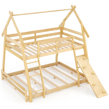 Costzon Twin Over Queen Bunk Bed, House Shaped Bed Frame with Climbing Nets and Ramp