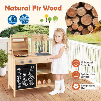 Costzon Kids Grill Playset with Chalkboard, Wooden Kids BBQ Grill Playset with Play Food（With Blackboard）