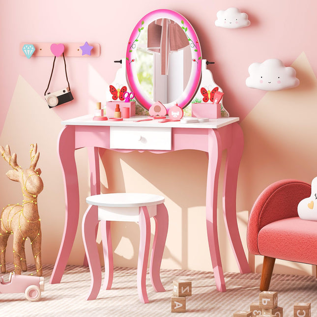 Costzon Kids Vanity, Girls Vanity Set with Mirror and Stool, Drawer, Storage Grids