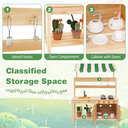 Costzon Mud Kitchen with Canopy, Fir Wood Kids Kitchen Playset with 4 Stoves, Outdoor Play Kitchen for Kids Toddlers, Gift for Boys Girls Ages 3+