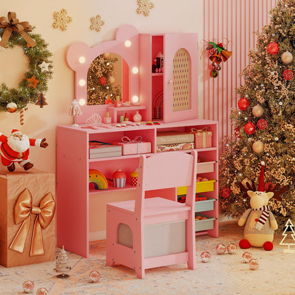 Costzon Girls Vanity Set Wooden Vanity Table and Chair Set