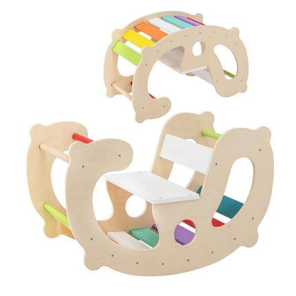 Costzon 2-in-1 Toddler Rocking Arch, Montessori Climbing Set & Wooden Rocking Horse Toy with Backrest & Seat