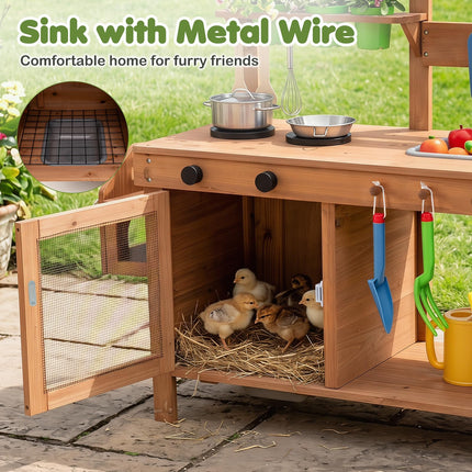 Costzon Solid Wood Toddler Play Kitchen w/Detachable Bird Cage | Outdoor Mud Kitchen for Kids