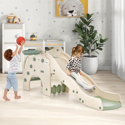 BABY JOY Toddler Slide, Elephant Shape Large Slide for Kids with Basketball Hoop, Buffer Zone & Non-Slip Steps