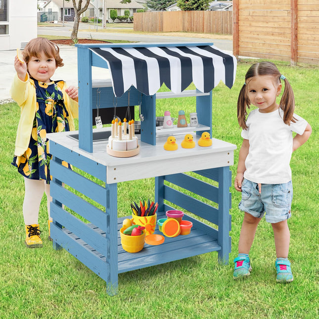 Costzon 2 in 1 Mud Kitchen, Double-sided Fir Wood Kids Kitchen Playset & Pretend Grocery Store with Stoves