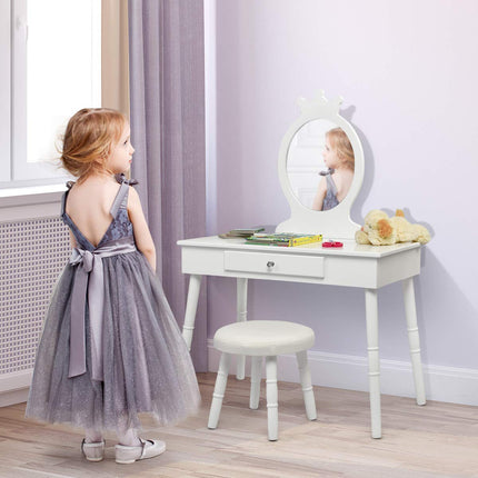 Costzon Kids Vanity Set, Wooden Princess Makeup Table with Cushioned Stool