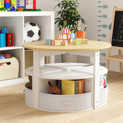 Costzon Kids Table and Chairs, 5 Pieces Wooden Round Children Nesting Table with 4 Storage Stools & 4 Fabric Drawers for Activity