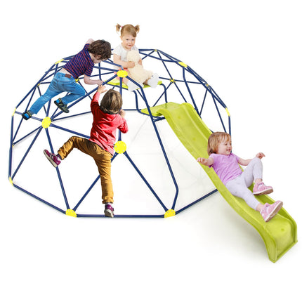 Costzon Climbing Dome with Extended Wavy Slide, 13.3FT Outdoor Jungle Gym Monkey Bar, 2 in 1 Geometric Dome Climber Playground Set