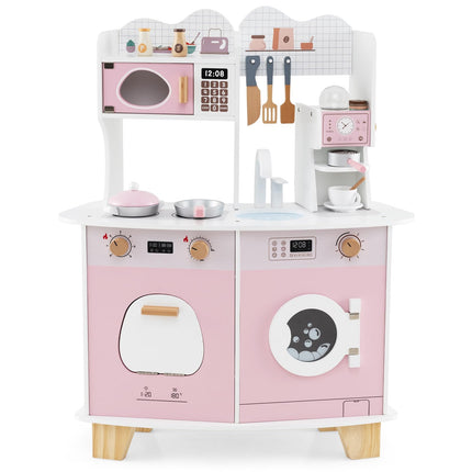 Costzon Play Kitchen, Wooden Toy Kitchen Set with Coffee Maker Playset