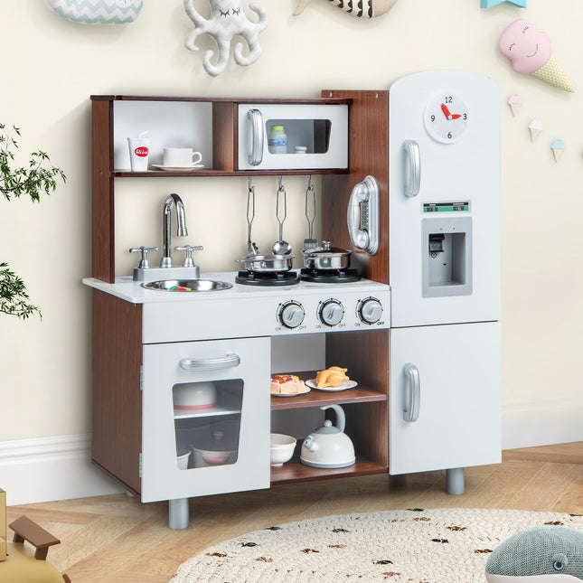 Costzon Kitchen Playset for Kids, Wooden Pretend Cooking Kitchen, Toddlers Play Kitchen Set with Accessories