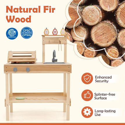 Costzon Kids Grill Playset, Wooden Kids BBQ Grill Playset with Play Food（With Shelf）
