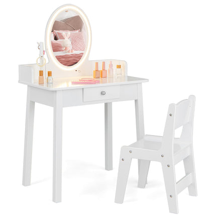 Costzon Kids Vanity, Girls Vanity Set with Mirror and Stool and Lights, 2 in 1 Wooden Princess Makeup Desk Dressing Table