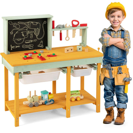 Costzon Tool Bench for Kids, Wooden Pretend Workbench with Toy Tools and Accessories, Realistic Role Play Construction Building Tool Set