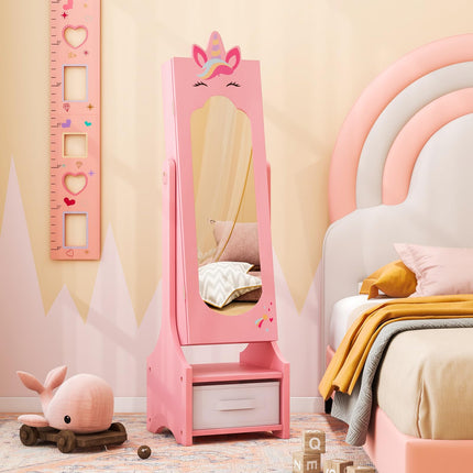 Costzon Kids Jewelry Armoire Cabinet, 45.5" Standing Jewelry Organizer with Full-Length Mirror